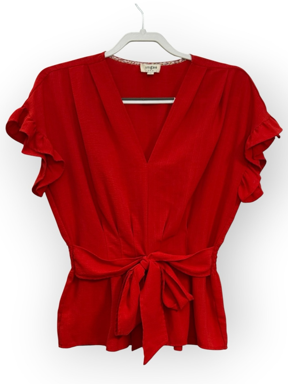 Umgee Red V-Neck Tie-Waist Ruffle Sleeve Blouse *2156